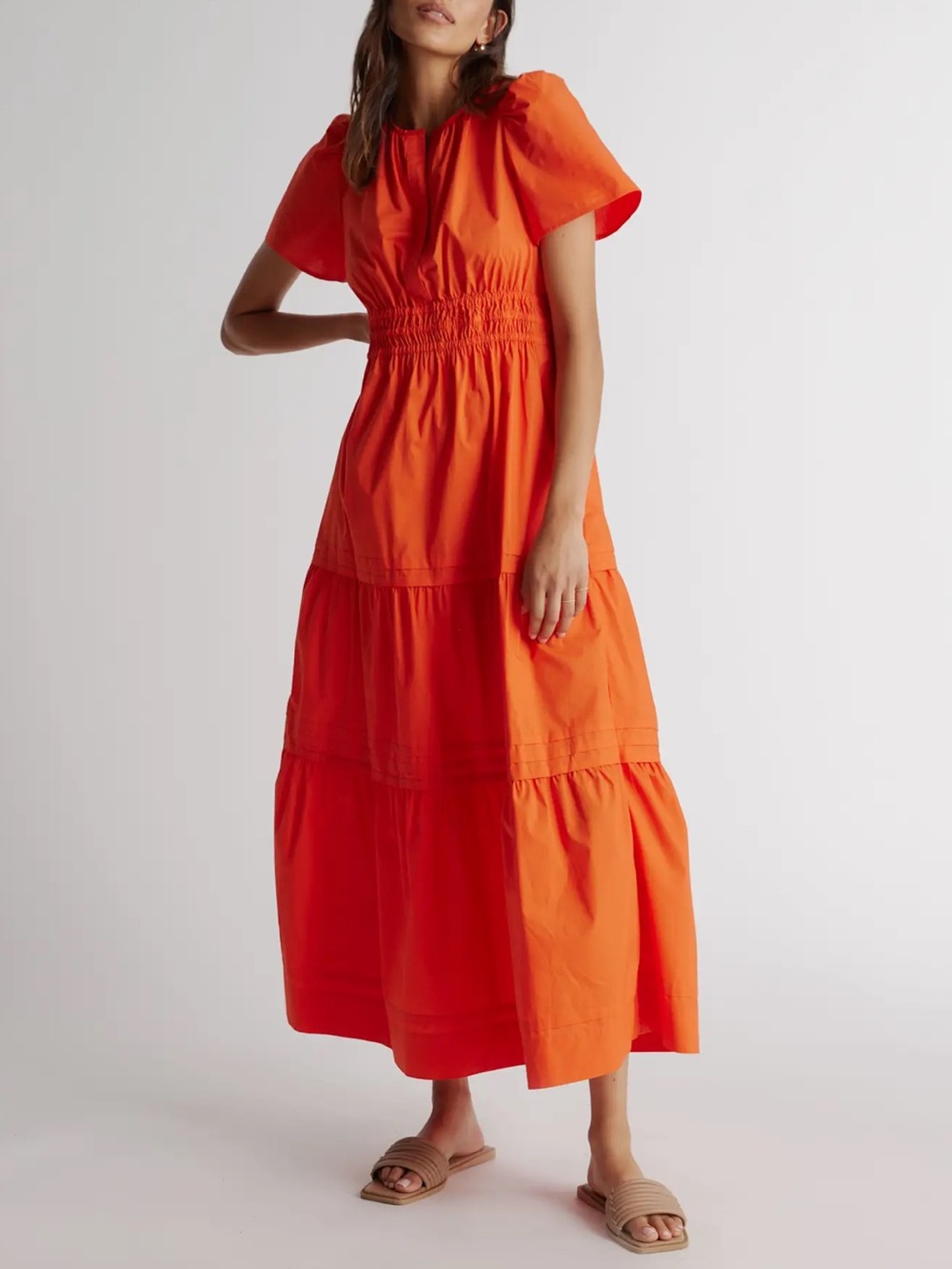 ☀️🍷Quince 100% Organic Cotton orange Poplin Tiered Maxi Dress with Puff Sleeves
